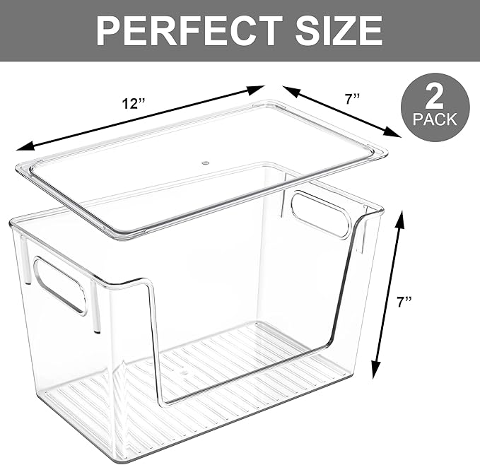 2 Pack Large Stackable Storage Bins, Plastic Container Organizer with Open Front, Pantry Organizers and Storage for Potato, Onion, Fruit and Vegetable, Clear Kitchen Laundry Organizer with Lid