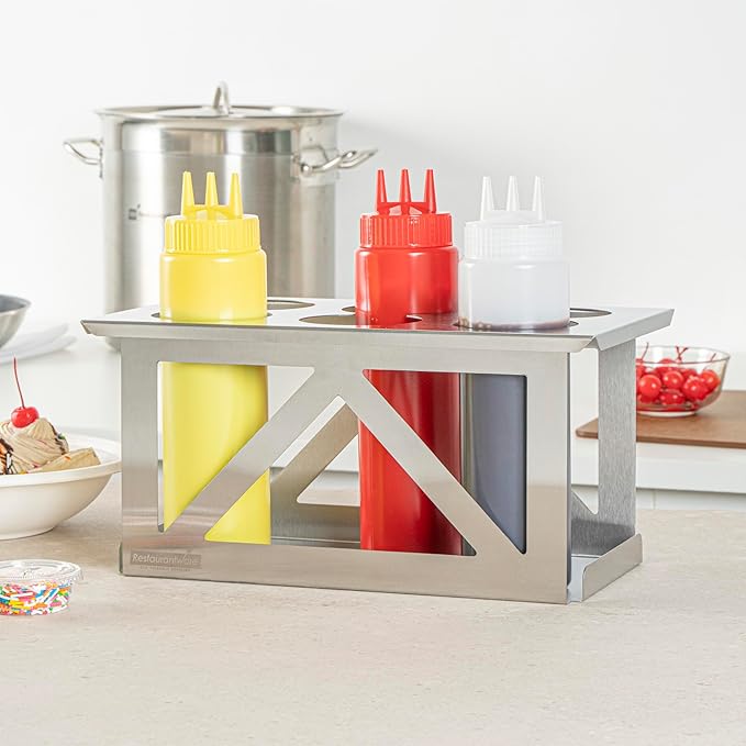 Restaurantware Squeeze Bottle Organizer 1 Count 12.79 x 7.09 x 6.26 Inch Durable Stainless Steel Condiment Dispenser Rack Six Hole Easy-To-Clean Holder Silver Rectangular Design for Commercial Kitchen