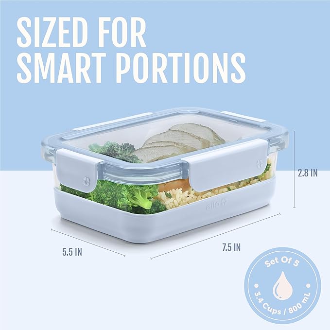 Ello Duraglass Refresh 3.4 Cup Meal Prep Containers, 10 Pc, Halogen Blue