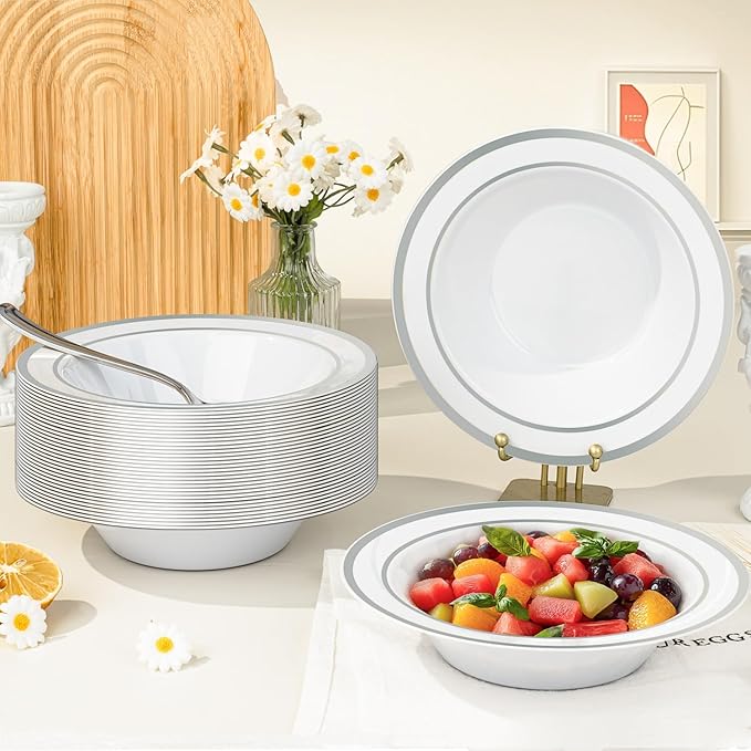 BESTVIP 200 Pack Plastic Bowls with Silver Rim