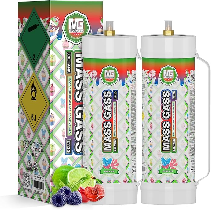 MassGass Whipped Cream Chargers 3.3L 2112g Whip Cream Charger Cylinder Bomb Pop Flavor(2 Cylinders)
