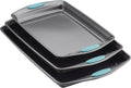 Rachael Ray Nonstick Baking Pans Set, 3-Piece Cookie Pan Bakeware, Gray with Agave Blue Silicone Grips
