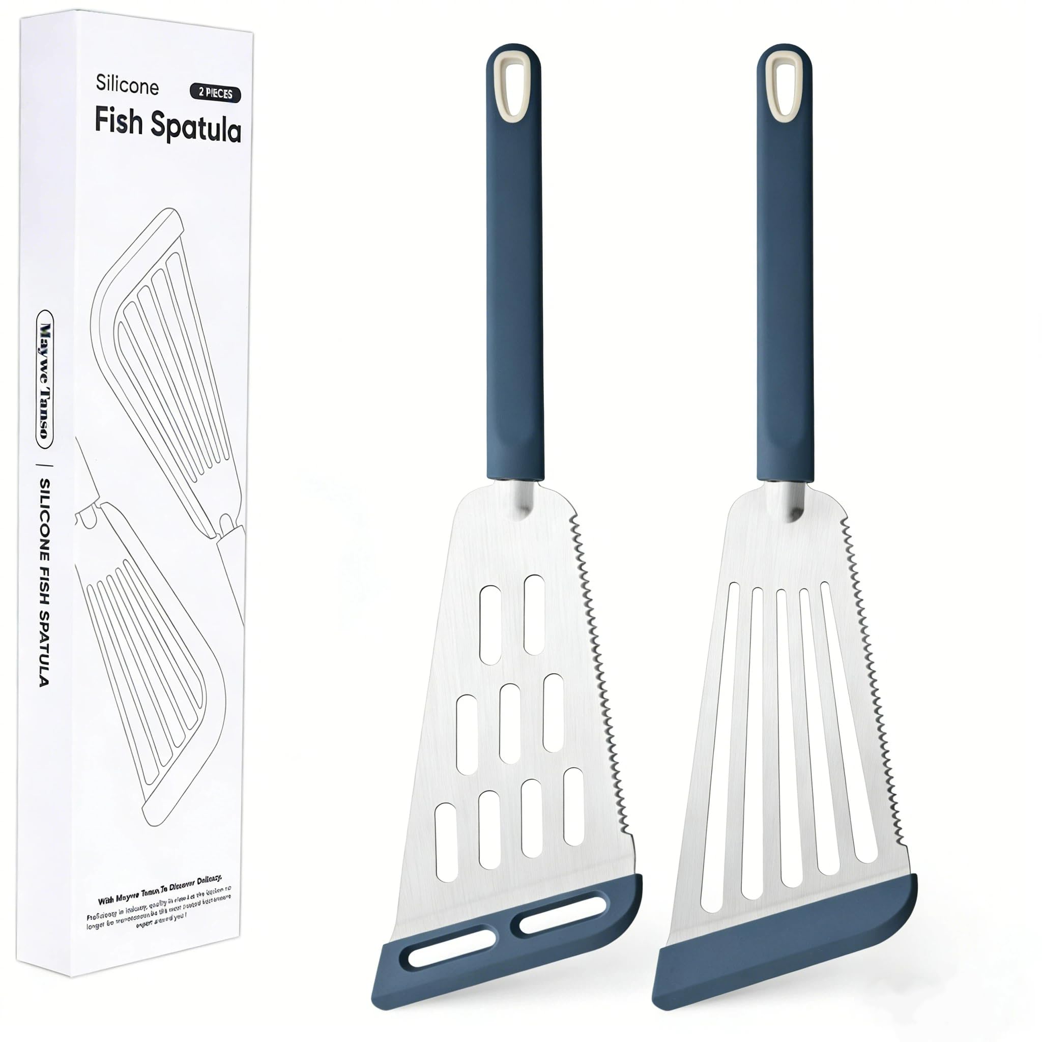 2-Piece Silicone Fish Spatula for Nonstick Cookware,Thin Slotted Turner