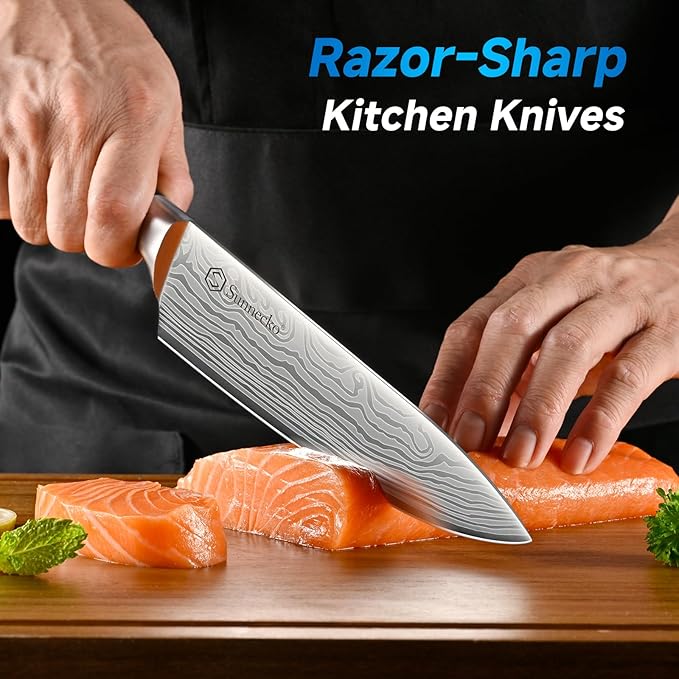 Knife Set with Block and Sharpener, 15 Piece Kitchen Knife Block Set