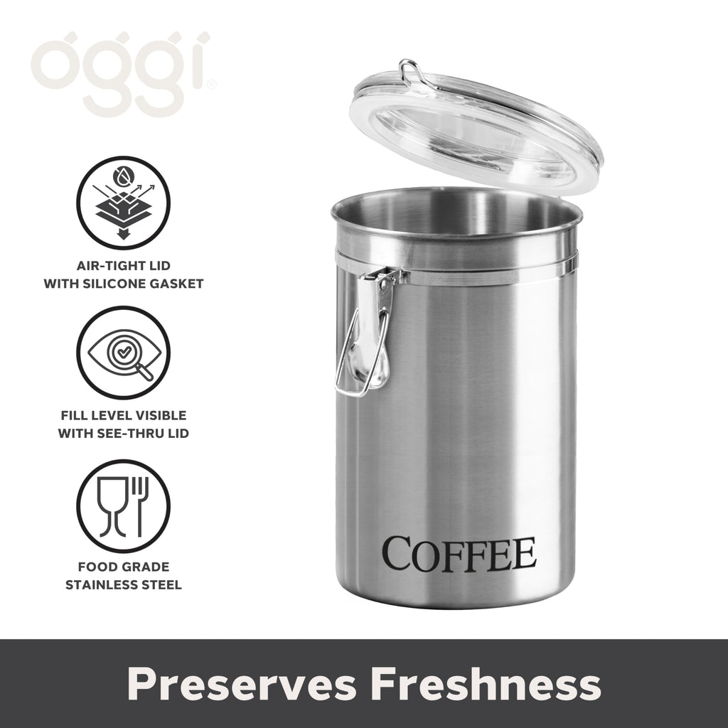 Oggi Stainless Steel Coffee Canister 62 fl oz - Airtight Clamp Lid, Clear See-Thru Top - Ideal for Coffee Bean Storage, Ground Coffee Storage, Kitchen Storage, Pantry Storage. Large Size 5" x 7.5".