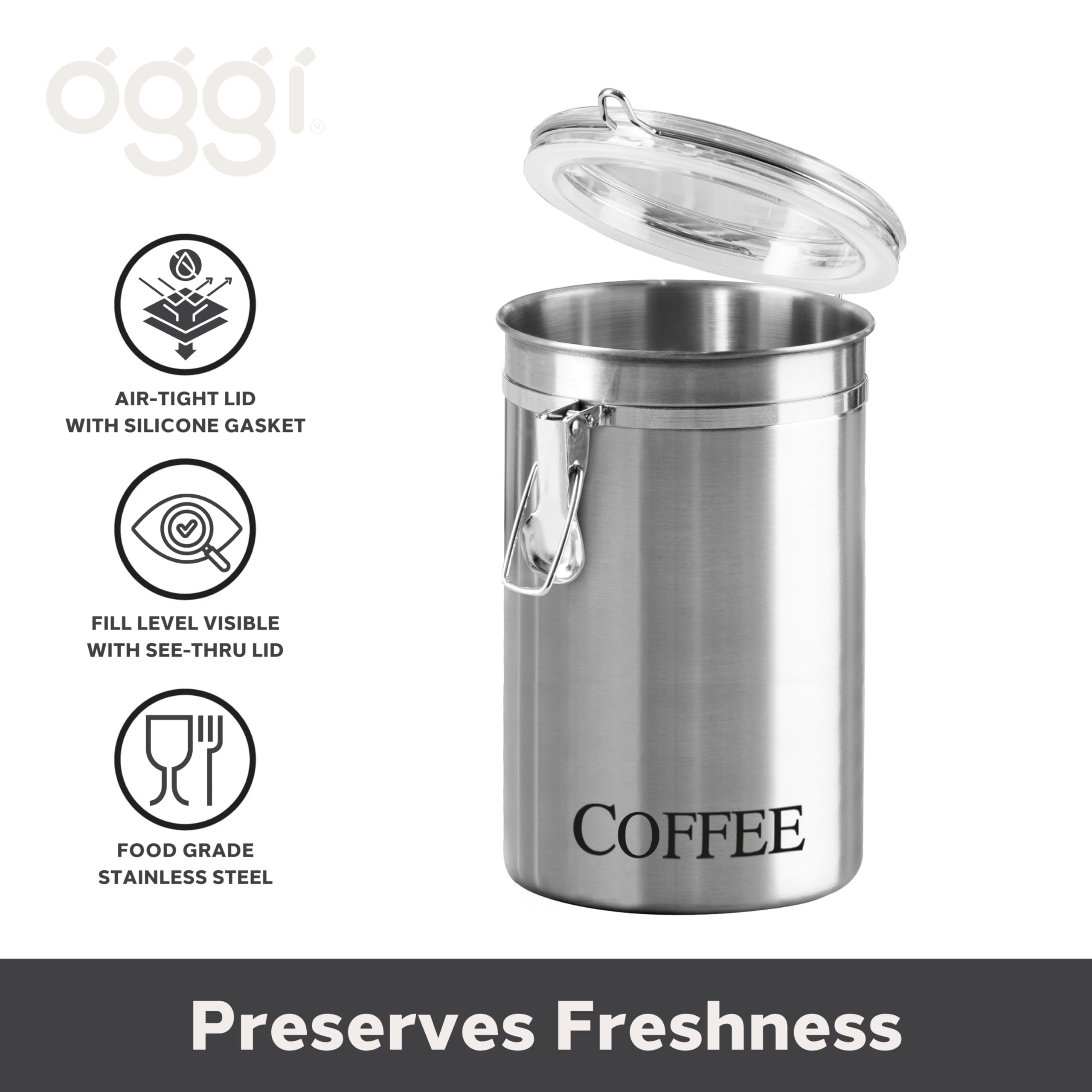 Oggi Stainless Steel Coffee Canister 62 fl oz - Airtight Clamp Lid, Clear See-Thru Top - Ideal for Coffee Bean Storage, Ground Coffee Storage, Kitchen Storage, Pantry Storage. Large Size 5" x 7.5".