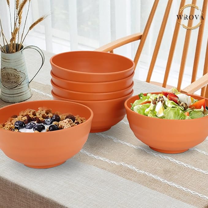 Wrova Wheat Straw Bowls Set 60 OZ Unbreakable Large Cereal Bowls Set of 6 Microwave and Dishwasher Safe Bowls Big Bowls for Eating BPA Free Soup Bowl for Serving Oatmeal and Salad Orange