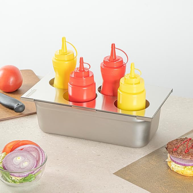 Restaurantware Squeeze Bottle Organizer Top 1 Count 12.79 x 7.09 x 0.39 Inches Stainless Steel Bottle Holder - Four Hole Condiment Rack - Silver Kitchen Organizer for Food Prep