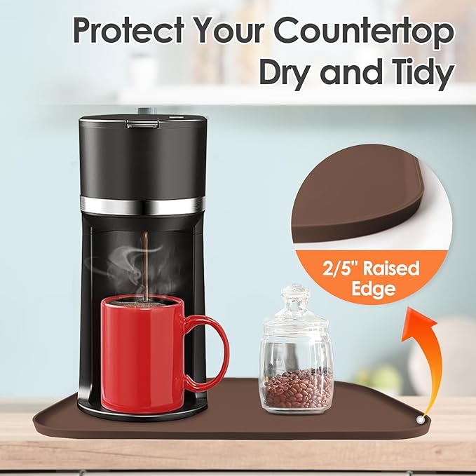 Silicone Coffee Maker Mat with Lip for Countertops, 24'' x 16'', Brown