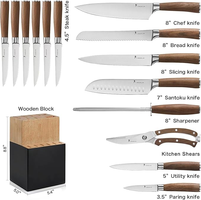Kangdelun Ultra Sharp 15-Piece Kitchen Knife Set, High Carbon Stainless Steel Blades, Torrefied Brown Wood Handles, Ergonomic Design, Space-Saving Black-Finished Wood Block, Easy Hand Wash, Gift Box