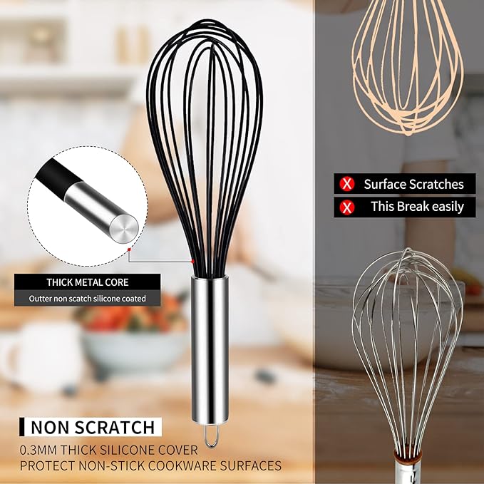 TEEVEA Silicone Whisk Set, Stainless Steel Handle, Heat Resistant Nonstick