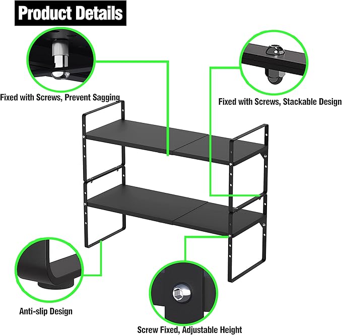 LOCVCDA Expandable Kitchen Cabinet Storage Shelf, Stackable Metal Pantry Storage Shelves Organizer, Adjustable Height Counter Spice Rack for Kitchen Cabinet, Countertop, Pantry and Office