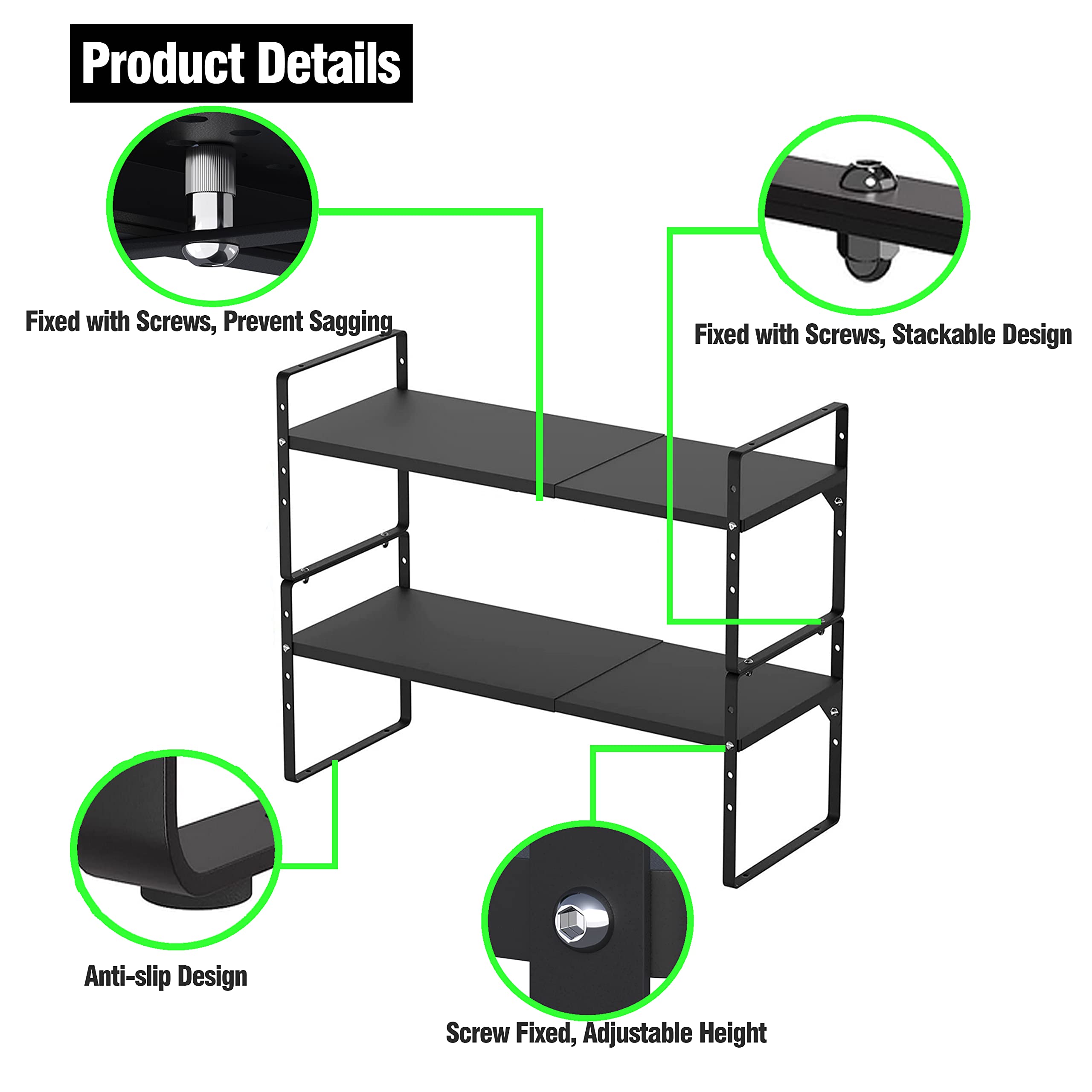 LOCVCDA Expandable Kitchen Cabinet Storage Shelf, Stackable Metal Pantry Storage Shelves Organizer, Adjustable Height Counter Spice Rack for Kitchen Cabinet, Countertop, Pantry and Office