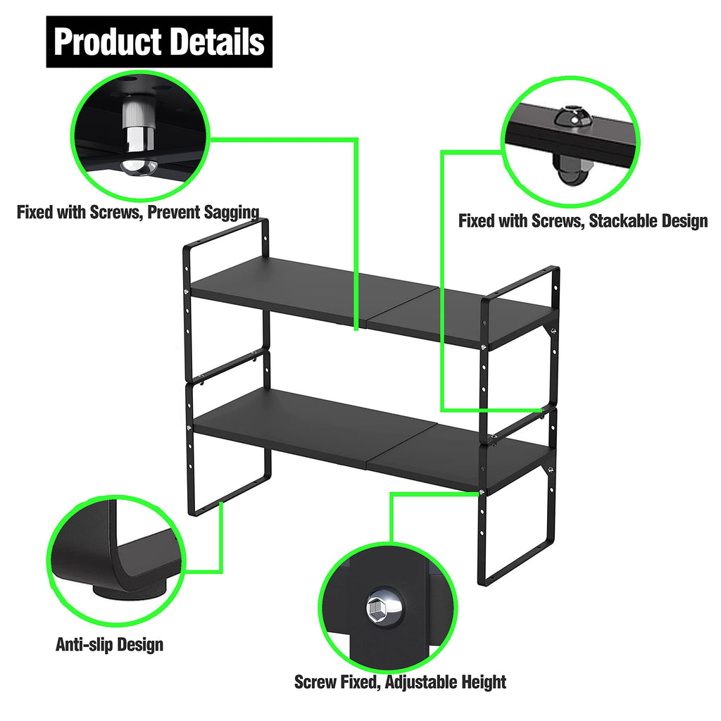 LOCVCDA Expandable Kitchen Cabinet Storage Shelf, Stackable Metal Pantry Storage Shelves Organizer, Adjustable Height Counter Spice Rack for Kitchen Cabinet, Countertop, Pantry and Office
