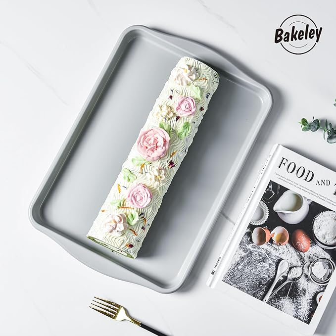 Bakeley 15-Inch Baking Sheet Pan, Non-Stick Jelly Roll Carbon Steel Naturally Slick Ceramic Coating Rimmed Cookie Sheet Pan for Oven Roasting Meat Bread - 15" x 10"