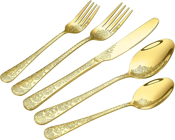 20 Pcs Gold Silverware Set for 4, Food Grade Stainless Steel Flatware Set, Eating Utensils Sets Include Fork/Knife/Spoon, Reusable Cutlery Set for Home Kitchen, Dishwasher Safe, Embossed pattern-1