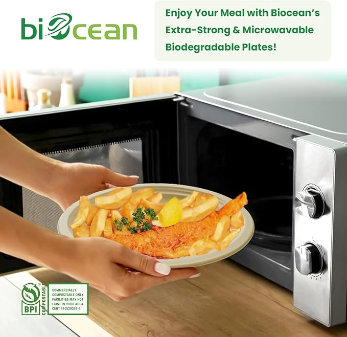 biocean 12.5 Inch Compostable Oval Plates [125-Value Pack] - Sustainable and Heavy-Duty Compostable Paper Plates, Natural Sugarcane Bagasse Biodegradable Plate, Natural Brown