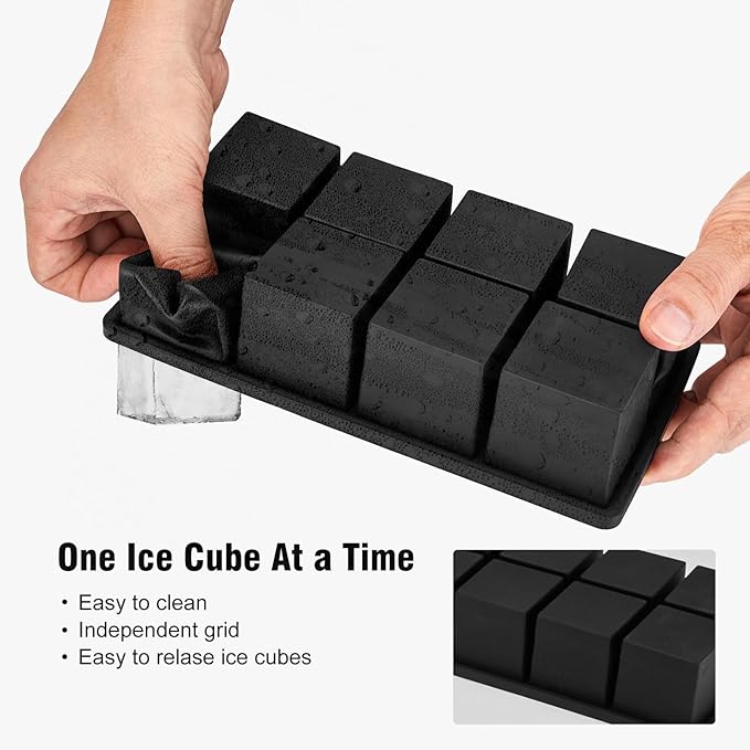 Samuelworld Large Silicone Ice Cube Tray Molds, Big 2 Inch Cubes 3 Pack - Food Grade, Flexible, 8 Cavity Easy Release Slow Melting Ice for Whiskey, Cocktails, Gifts & Christmas - Black (With Lid)