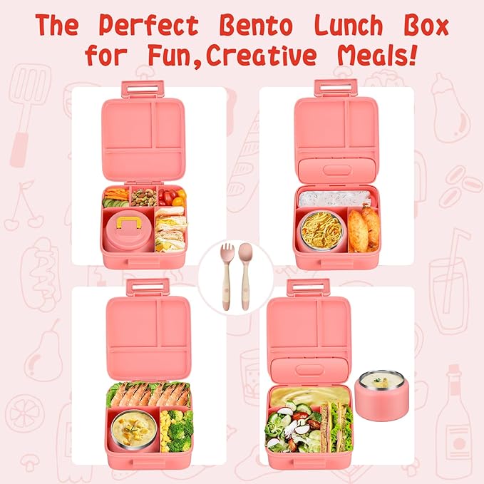 JXXM Bento Lunch Box for Kids With 8oz Soup Thermo,Leak-proof Lunch Containers with 5 Compartment,Thermo Food Jar and Lunch Bag, Food Containers for School (A-Pink（Unicorn - Mermaid）)