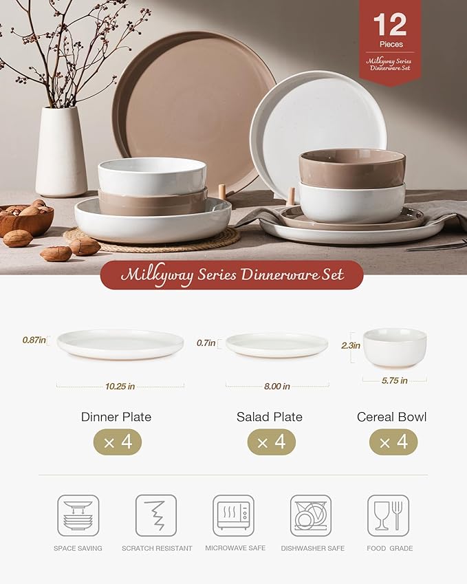 Famiware Milkyway 12-Piece Stoneware Dinnerware Set, White & Cinnamon Brown