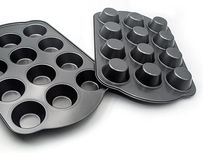 Bakexcel Non-Stick Standard Muffin Pans, 2.95" 12-Cup Set of 2 Baking Pans, Heavy Duty Carbon Steel Tins for Standard Muffins & Cupcakes