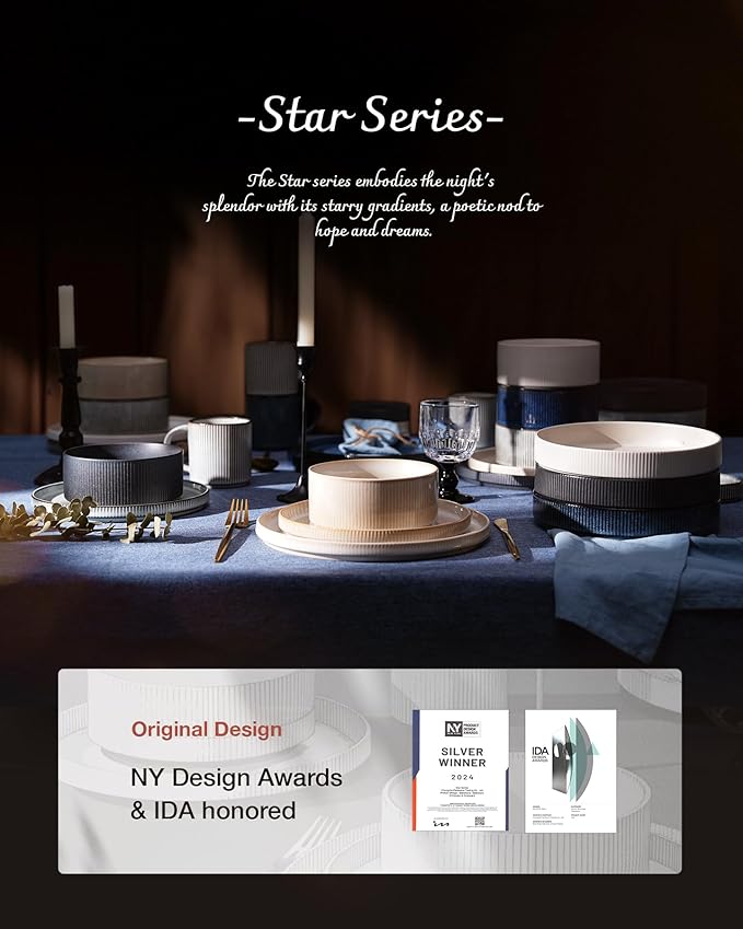 famiware Star 8.25" Pasta Bowls Set of 6, Bowl Plates, Matte White