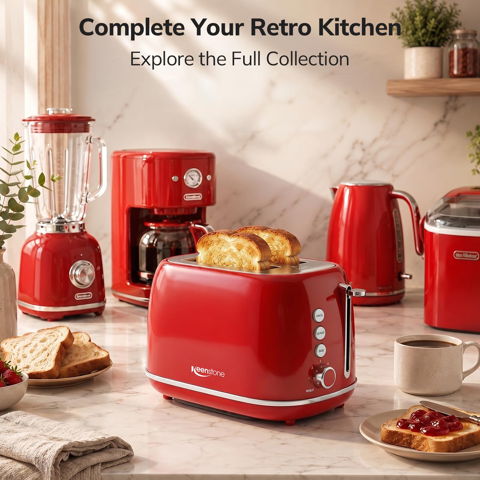 2 Slice Stainless Steel Toaster Retro with 6 Bread Shade Settings, Bagel, Cancel, Defrost Function, Extra Wide Slot, Removable Crumb Tray, Red