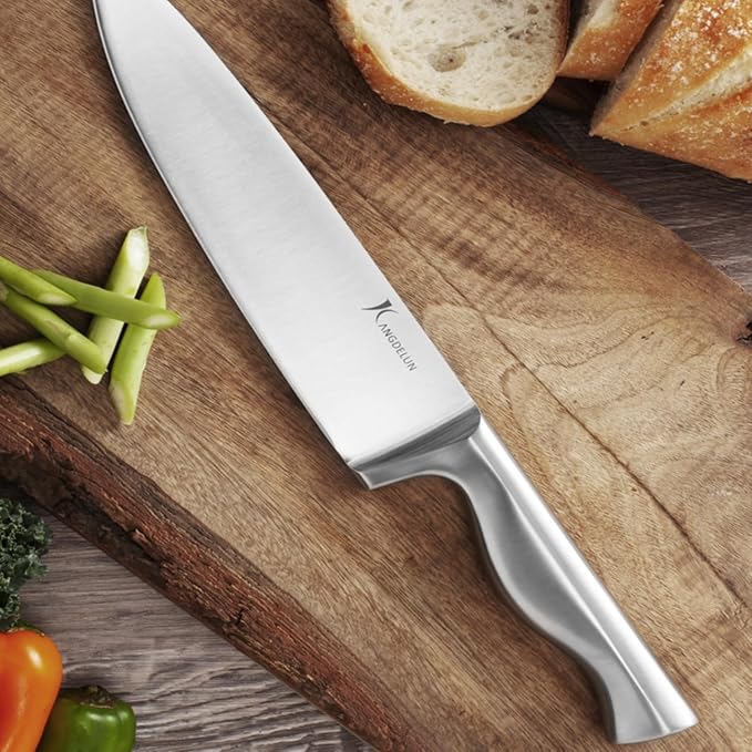 Kangdelun 15-Piece Ultra Sharp Kitchen Knife Set with Wooden Block, Exclusive Ergonomic Anti-Slip Handle, High-Carbon 50CR15MOV Steel, Angled Design, Natural Wood Block