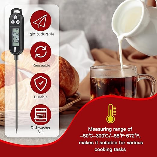 Copkim 12 Pcs Meat Food Thermometer Food with Probe Water Liquid Instant Read Digital Thermometer Kitchen Cooking Supplies for Cooking BBQ Milk Yogurt (Black,White,Red)