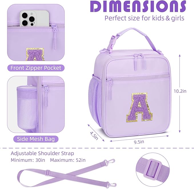 CLOUDWINGS Initial Insulated Lunch Bag for Girls Kids, Back to School Gift, Reusable Leak-proof Lunch Box with Adjustable Strap for School Daycare Travel Picnic (Purple,A)
