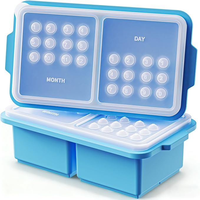 EuChoiz 2 Pack Silicone Freezer Tray Cubes 2 Cup with Date Mark Lids for Freezing Food Leftovers Sauces Portion and Lasagna Broth, Soup Freezer Molds for Meal Prepping Thick Enough