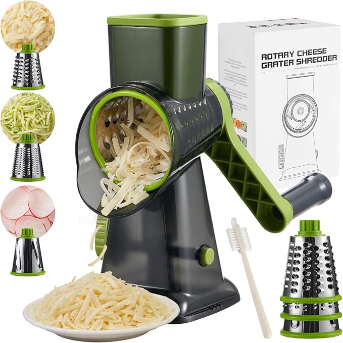 ALEXPHY Rotary Cheese Grater hand crank 3 blades with Stronger Suction Base | Stainless Steel Blades for Fruits, Vegetables, Nuts. Dishwasher Safe & Easy to Clean, Transparent Black & Green