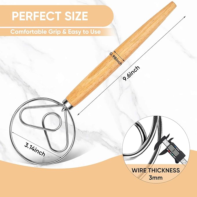 Maxjoy Danish Dough Whisk, Stainless Steel Wooden Bread Tool for Sourdough
