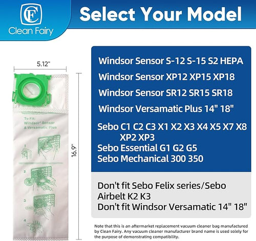 12PK Micro Vacuum Bags for Sebo C/G/X & Windsor S12/S15/SR Series