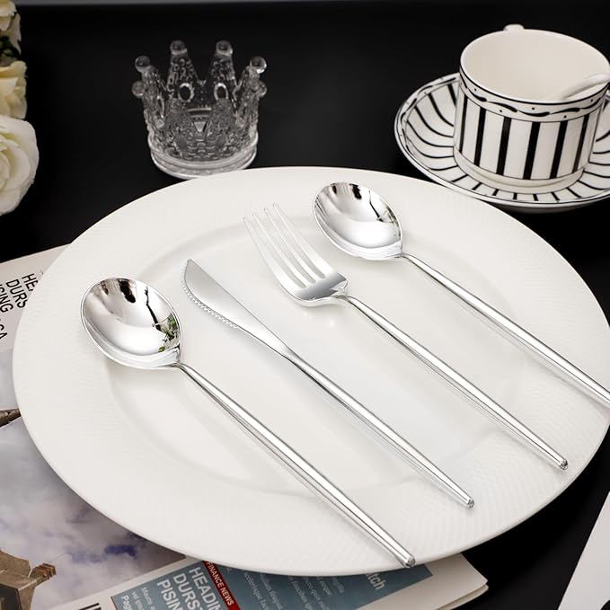SUT 300PCS Silver Cutlery Set, Heavy Duty Disposable Utensils Include 100 Forks, 100 Spoons and 100 Knives, Premium Flatware for Party, Wedding, Birthday and Catering Events
