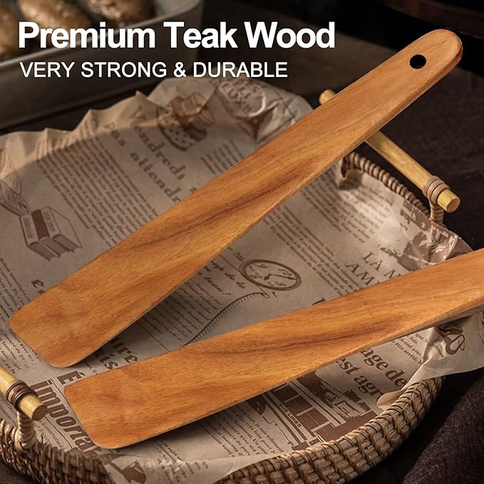 Non Toxic Wood Spatula for Cooking Spoon Teak Wooden Utensil Set Spurtle