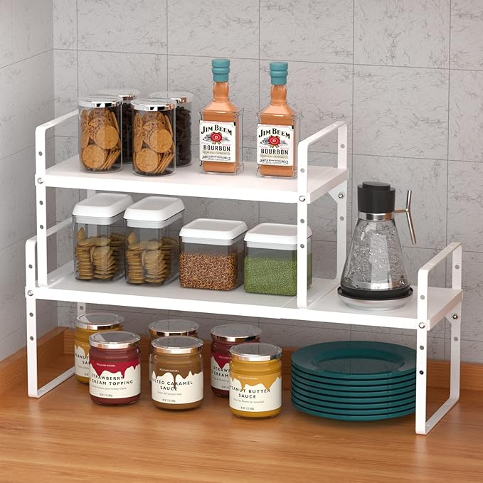 GEDLIRE Expandable Kitchen Cabinet Shelf Organizers, Stackable Metal Pantry Storage Shelves Rack, Adjustable Counter Spice Shelf for Cabinets, Countertop, Cupboard Organizers and Storage, White
