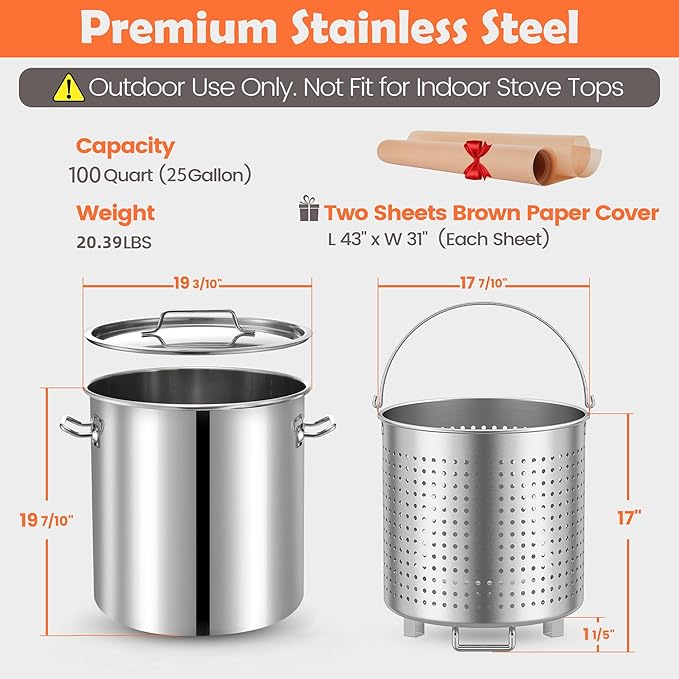 ARC 100QT Stainless Steel Seafood Boil Pot with Basket and Two Brown Paper