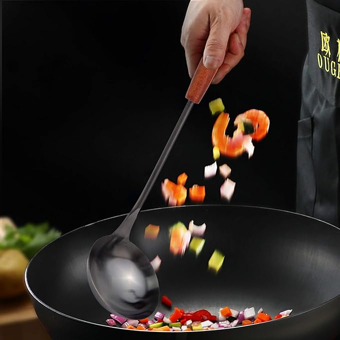 Stainless Steel Wok Utensil - 14.2 Inch Rust Proof Soup Ladle With Ergonomic Wooden Handle - Serving Spoon For Cooking, Gravy, Sauces, and More