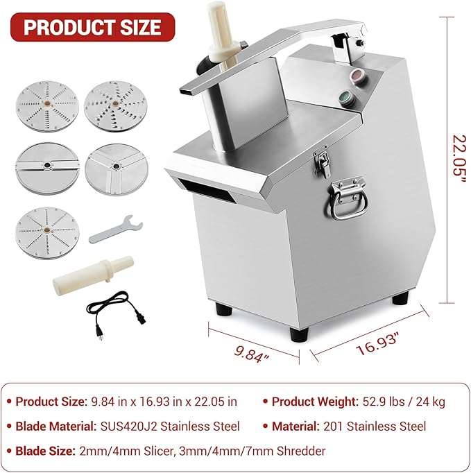 HarmoHaby Commercial Food Processor with 5 Blades, Electric Vegetable Slicer & Chopper for Restaurant Kitchen - Stainless Steel Multifunctional Shredder, Slicer