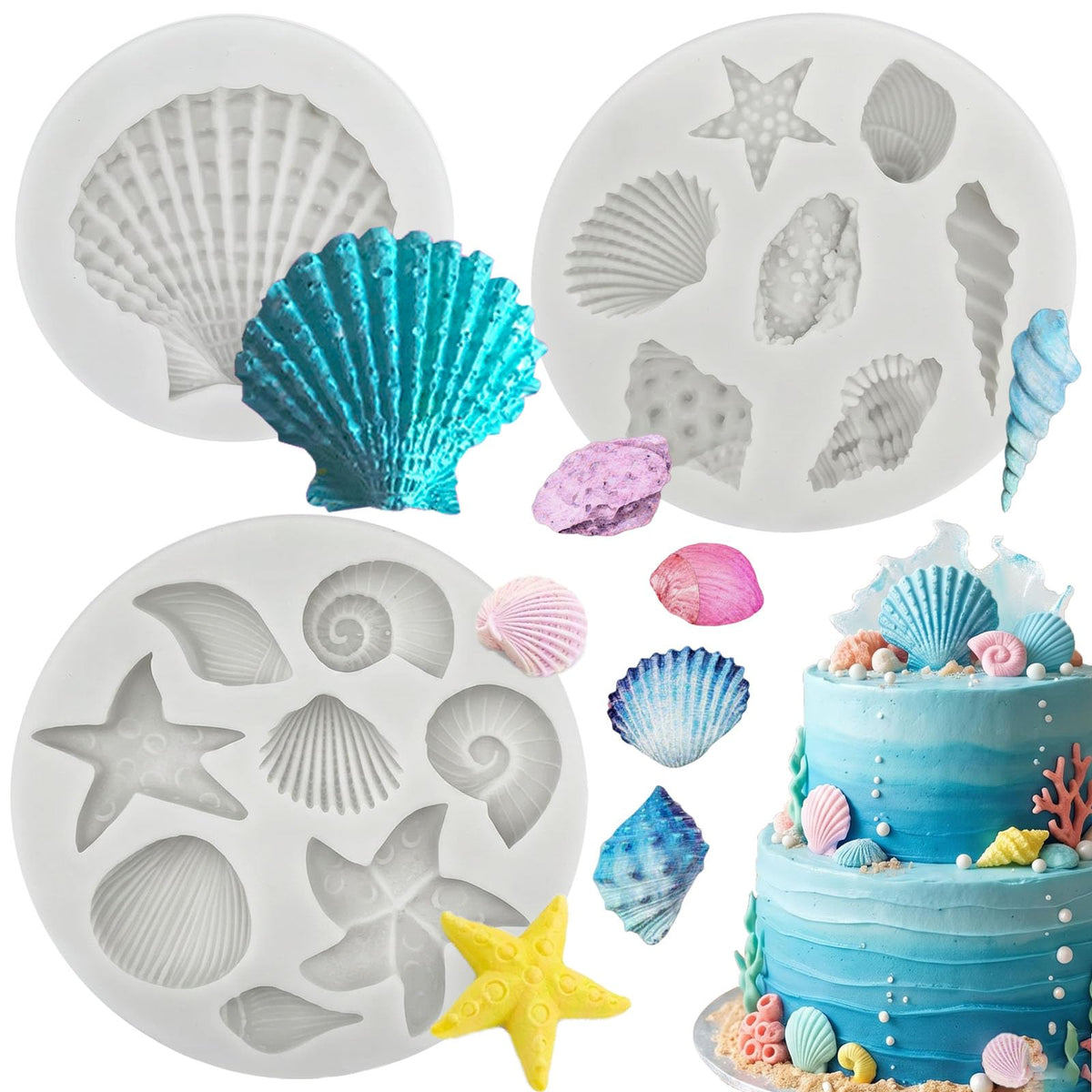3 PCS Marine Theme Cake Fondant Silicone Mold Seashell Conch Starfish Coral Baking Molds for DIY Cake Decoration Chocolate Candy Polymer Clay Crafting Projects
