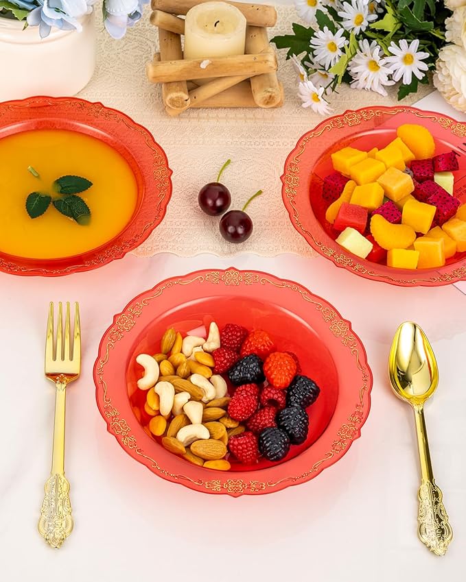 Bestluck 100 Pack Clear Red Plastic Bowls with Gold Rim