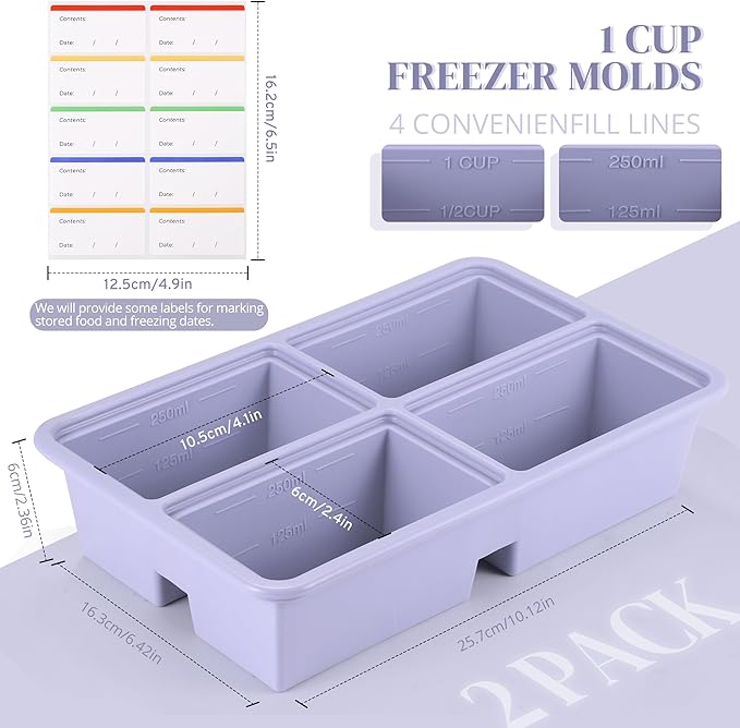 BIONMAPLE 2 PACK 1 Cup Silicone Freezer Trays With Lid For Freeze & Store Soup, Broth, Leftovers, Microwave-safe Soup Freezer Container - Purple