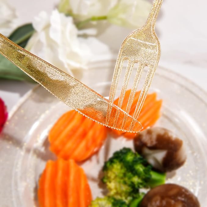 Supernal 300pcs Gold Glitter Plastic Silverware, Disposable Cutlery Set