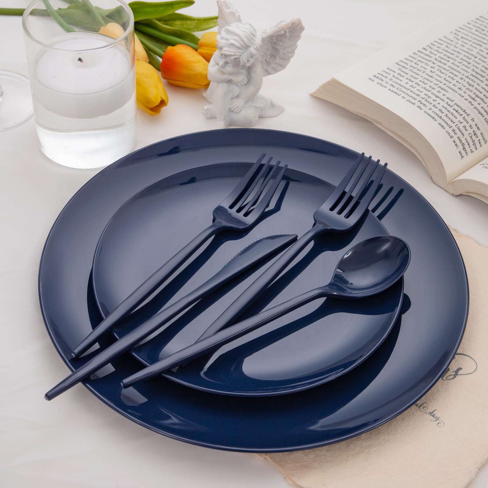 PULOTE 150PCS Blue Plastic Silverware Set - Plastic Cutlery Disposable - Heavy Duty Blue Plastic Utensils Include 50 Forks, 50 Knives,50 Spoons for Party&Graduation