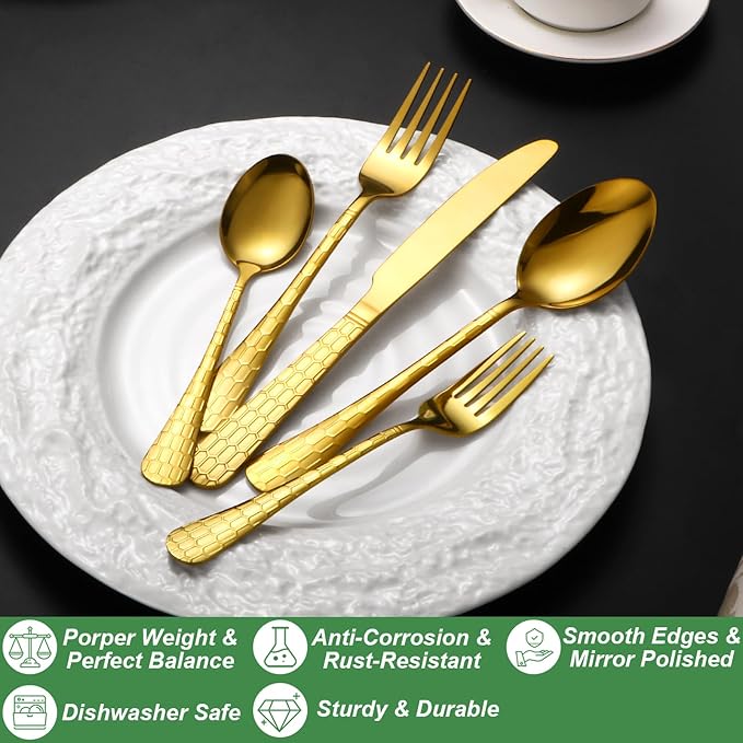 40 Pcs Gold Silverware Set for 8, Food Grade Stainless Steel Flatware Set, Eating Utensils Sets Include Fork/Knife/Spoon, Reusable Cutlery Set for Home Kitchen, Dishwasher Safe, Round Hammered