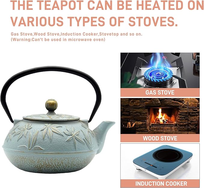 SECHUDO Cast Iron Teapot Tea Kettle with Stainless Steel Infuser for Stovetop Safe Coated with Enameled Interior Japanese Tetsubin with Maple Leaves Pattern(30.4oz/900ml) (Color-5)