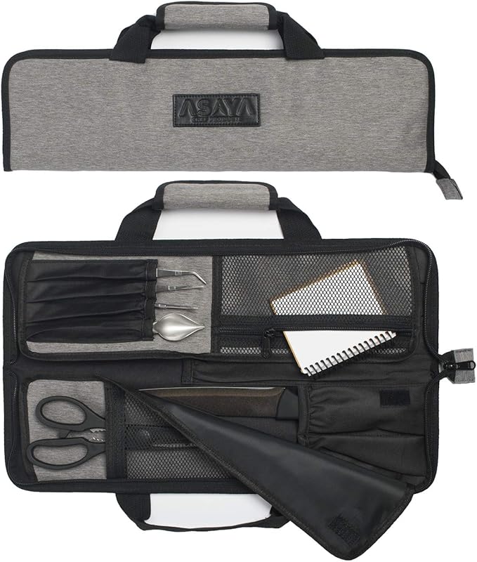 Asaya Chef Knife Roll Bag - 12-Pocket Chefs Case for Kitchen Knives and Utensils, Lightweight Stain-Resistant Waxed Nylon Chef Knife Bag - Knives Not Included (Grey)