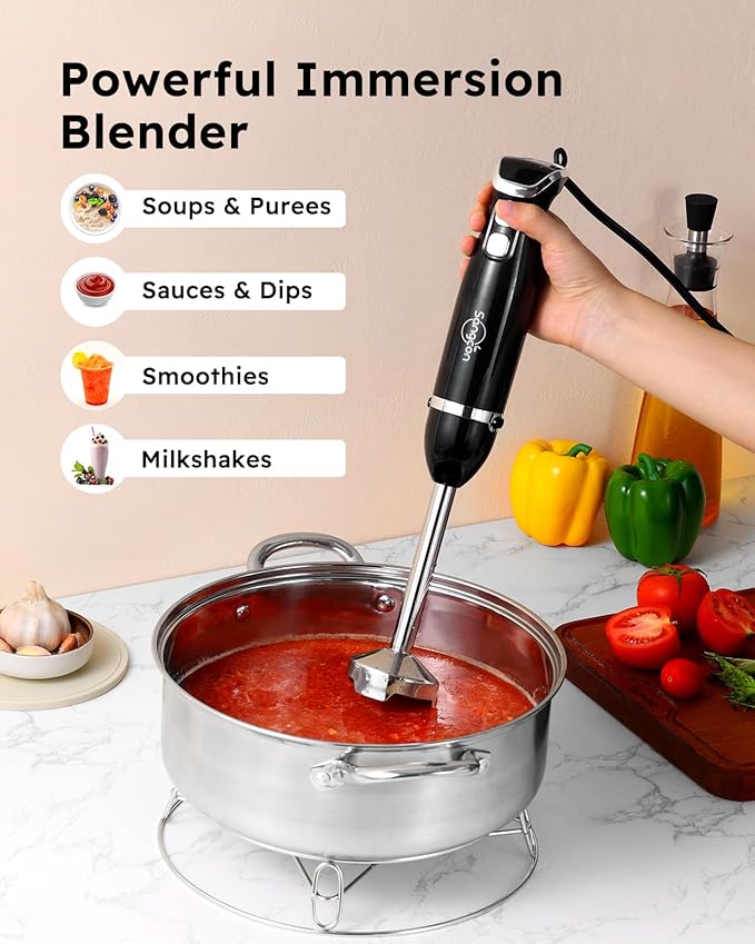 Sangcon 5-in-1 Immersion Blender Handheld with 1000ml Cup, 2-Speed Adjustable Hand Blender with 304 Stainless Blades, Detachable Whisk and Milk Frother