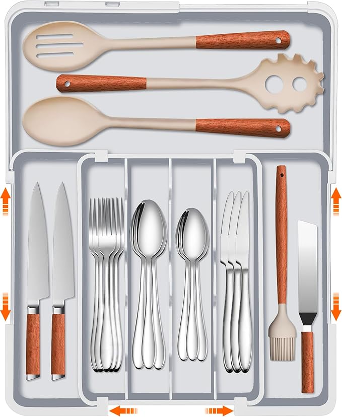 Spaclear Silverware Drawer Organizer Tray, Adjustable Cutlery Storage for Kitchen, Expandable Flatware and Utensil Holder Divider for Spoons Forks Knives Tableware, 15 x 19, 4-7 Slots, Gray
